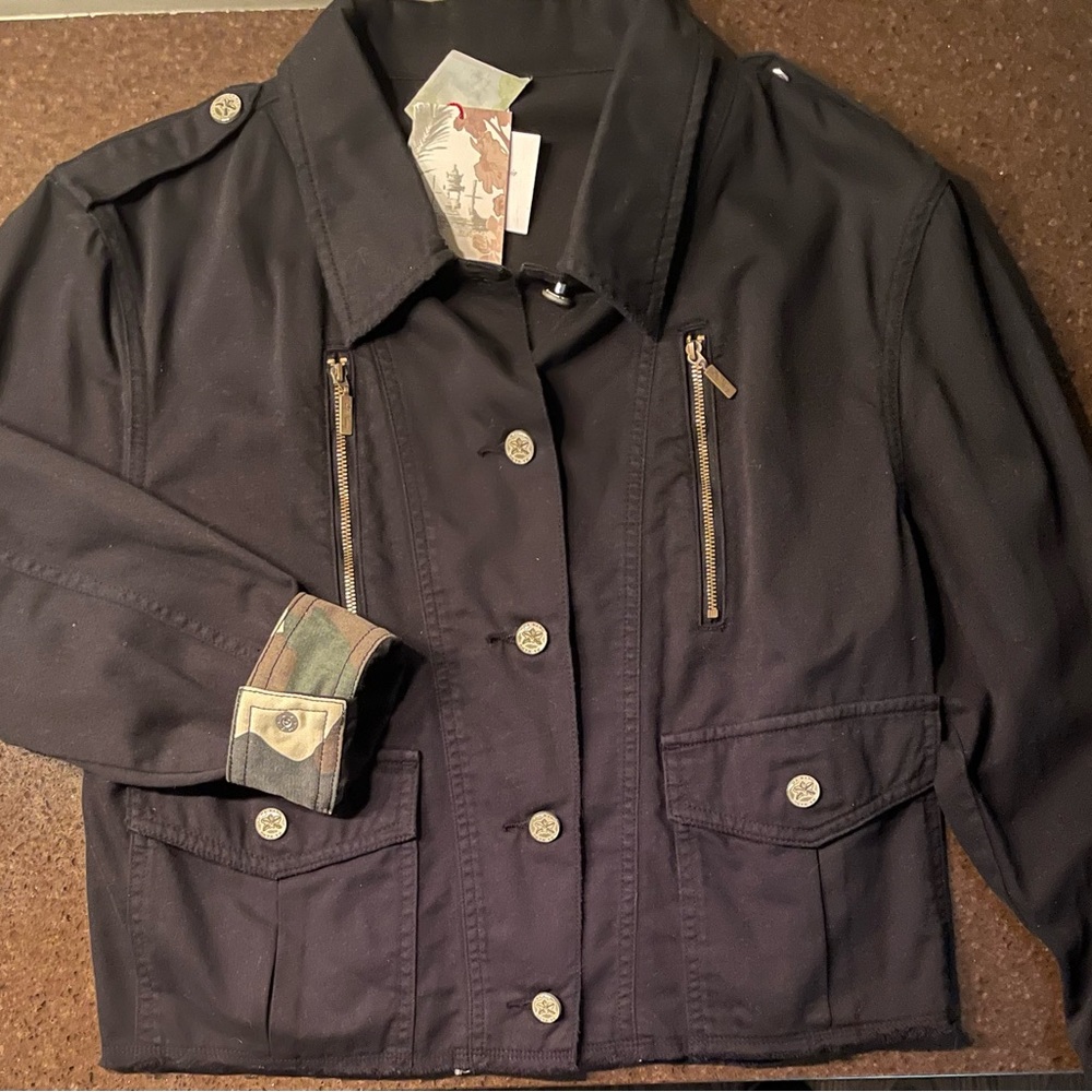 DaNang black cotton twill cuff off jacket. Fray edge bottom. Plain back, unlined